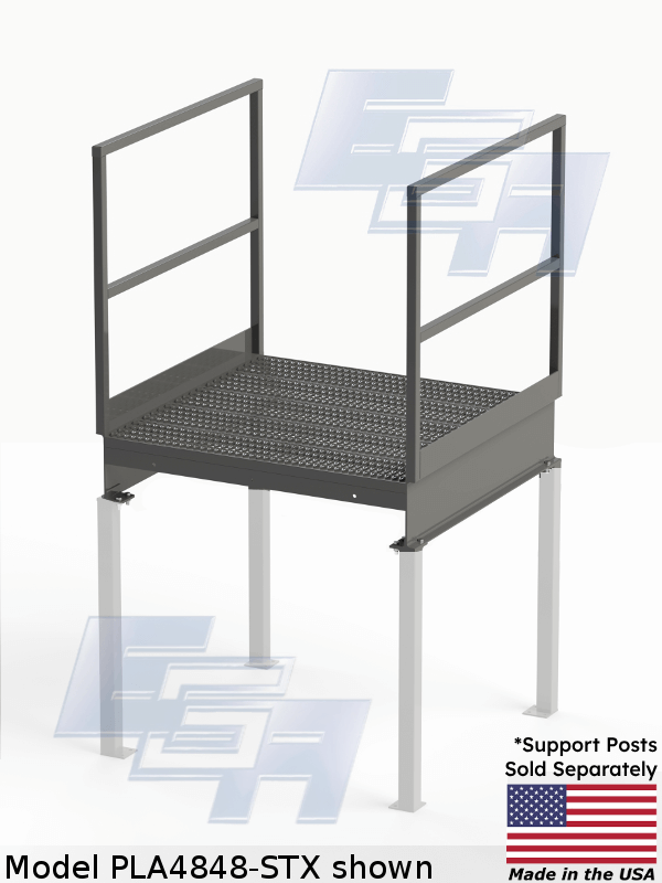PLA4848-STX Straight Side Exit Stairway Platform 48 inches wide by 48 inches deep. Support legs opacity washed out.
